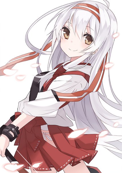 Anime picture 707x1000 with kantai collection shoukaku aircraft carrier orqz (artist) single long hair tall image looking at viewer blush fringe simple background smile standing white background holding brown eyes ahoge white hair pleated skirt wind girl