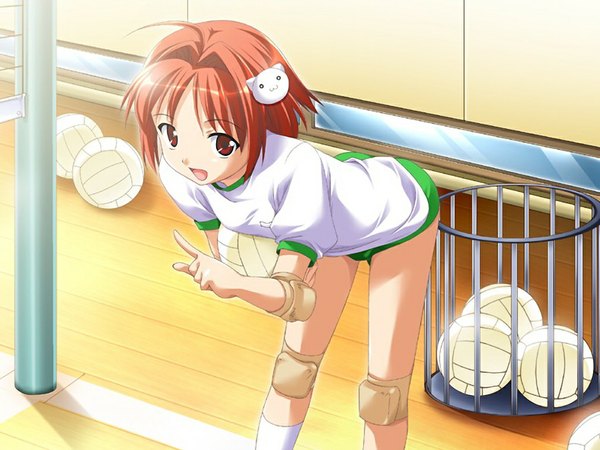 Anime picture 1024x768 with anonono ishigami miyoshi single short hair open mouth red eyes standing game cg ahoge red hair indoors leaning leaning forward bent over girl uniform gym uniform ball buruma knee pads