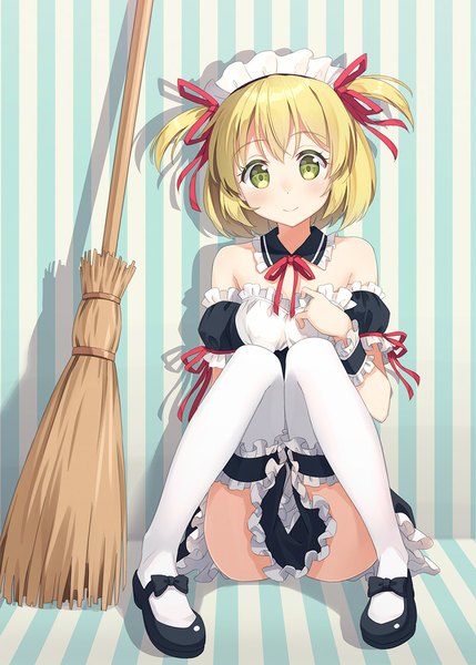 Anime picture 800x1119 with original hyuuga azuri single tall image looking at viewer blush short hair light erotic blonde hair smile green eyes maid two side up girl thighhighs uniform ribbon (ribbons) hair ribbon white thighhighs frills