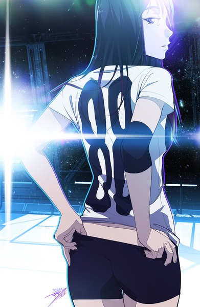 Anime picture 1076x1650 with original vashperado single long hair tall image looking at viewer standing purple eyes purple hair looking back light purple background adjusting clothes girl shorts star (stars) t-shirt