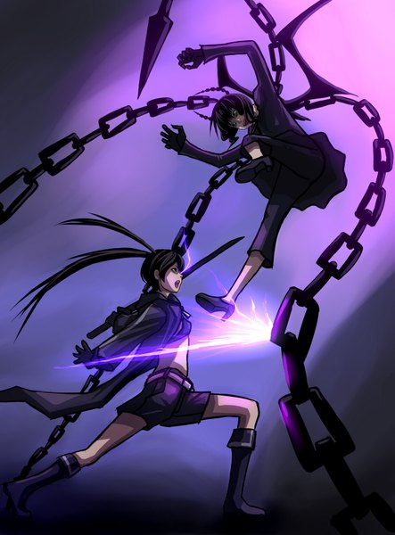 Anime picture 1275x1725 with black rock shooter black rock shooter (character) dead master 123hamster long hair tall image open mouth black hair simple background twintails multiple girls green eyes glowing glowing eye (eyes) purple background battle girl weapon 2 girls sword