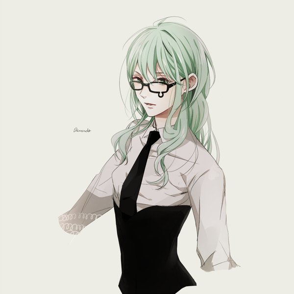 Anime picture 840x841 with lucky dog bernardo ortolani komichi96 single long hair tall image looking at viewer fringe simple background green eyes ahoge upper body green hair grey background character names genderswap girl shirt glasses necktie