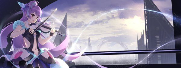 Anime picture 4313x1626 with macross macross delta mikumo guynemer alc (ex2 lv) single long hair blush fringe highres breasts open mouth hair between eyes wide image purple eyes payot cleavage silver hair purple hair cloud (clouds) very long hair