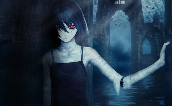 Anime picture 1920x1185 with original iwai ryo single highres short hair red eyes wide image bare shoulders monochrome mechanical girl bandage (bandages)