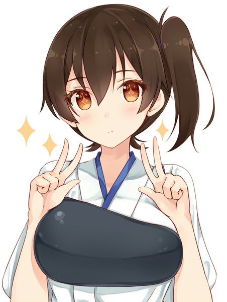 Anime picture 753x1000 with kantai collection kaga aircraft carrier hiiragi hajime single tall image looking at viewer blush fringe short hair black hair simple background brown hair white background brown eyes traditional clothes japanese clothes sparkle orange eyes side ponytail symbol-shaped pupils