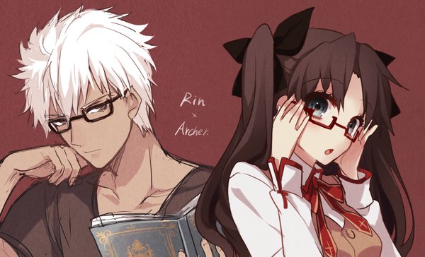 Anime picture 1267x770 with fate (series) fate/stay night type-moon toosaka rin archer (fate) sakura yuki (clochette) long hair looking at viewer short hair open mouth black hair wide image twintails white hair black eyes character names adjusting glasses bespectacled girl boy