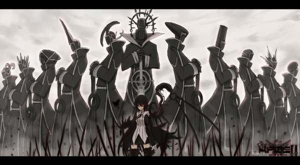 Anime picture 2000x1100 with original pixiv ganesagi long hair highres black hair red eyes wide image group no face girl weapon necktie