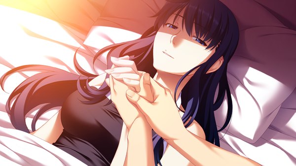 Anime picture 1024x576 with grisaia no kajitsu kusakabe asako long hair blue eyes black hair wide image game cg lying girl