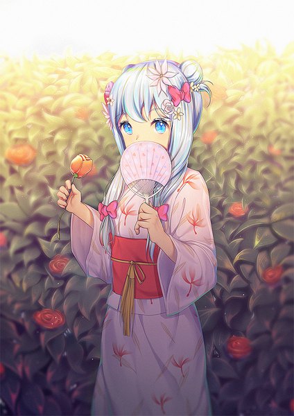 Anime picture 700x990 with eromanga sensei a-1 pictures izumi sagiri kr (sapphire) single tall image looking at viewer blue eyes standing holding silver hair traditional clothes japanese clothes hair flower wide sleeves hair bun (hair buns) alternate costume alternate hairstyle covered mouth girl