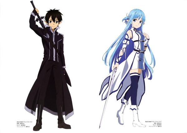 Anime picture 4066x2894 with sword art online a-1 pictures yuuki asuna kirigaya kazuto asuna (sao-alo) hagiwara hiromitsu long hair looking at viewer highres short hair blue eyes black hair simple background white background blue hair absurdres black eyes scan official art girl