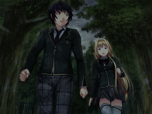 Anime picture 1024x768 with joker (game) oryou long hair short hair open mouth black hair blonde hair purple eyes yellow eyes game cg rain girl thighhighs boy skirt uniform plant (plants) school uniform miniskirt white thighhighs