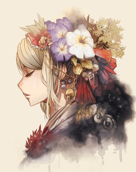 Anime picture 1800x2269 with original kuroduki (pieat) single tall image highres short hair simple background blonde hair upper body eyes closed profile hair flower portrait girl flower (flowers) earrings