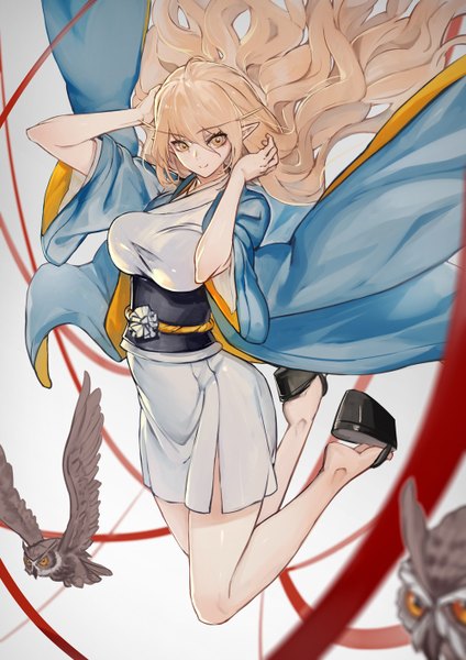 Anime picture 1000x1414 with original pixiv fantasia pixiv fantasia t ryuuzaki ichi single long hair tall image looking at viewer fringe breasts blonde hair smile hair between eyes large breasts full body ahoge bent knee (knees) traditional clothes japanese clothes pointy ears