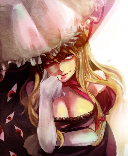 Anime picture 984x1200 with touhou yakumo yukari mak (kainemaru) long hair tall image breasts blonde hair smile large breasts bare shoulders cleavage pink eyes finger to mouth smirk eyes girl gloves ribbon (ribbons) elbow gloves white gloves