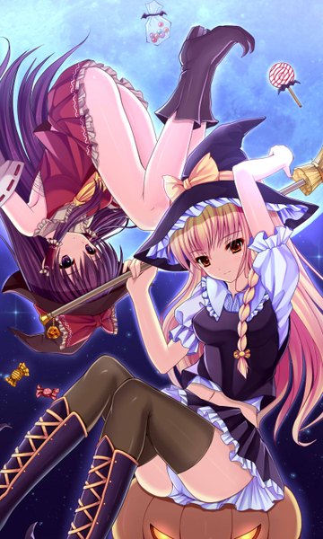 Anime picture 900x1500 with touhou hakurei reimu kirisame marisa bai kongque (shirokujaku) tall image light erotic blonde hair sitting purple eyes purple hair braid (braids) orange eyes single braid halloween witch upside down rotational symmetry thighhighs dress skirt