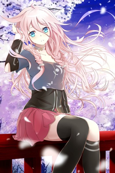 Anime picture 1240x1860 with vocaloid ia (vocaloid) guanghe zuoyong de de yezi single long hair tall image looking at viewer blush fringe blue eyes hair between eyes sitting pink hair sky ahoge bent knee (knees) outdoors braid (braids) parted lips pleated skirt