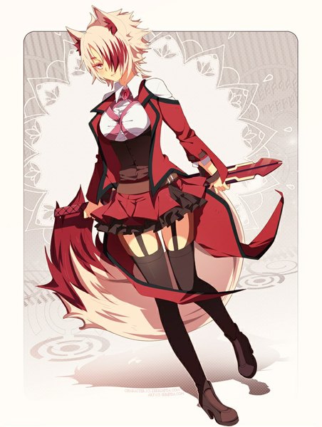 Anime picture 725x961 with izumi k rukawa tall image fringe short hair blonde hair red eyes standing animal ears red hair tail animal tail pleated skirt multicolored hair hair over one eye open clothes open jacket two-tone hair fox ears fox tail girl