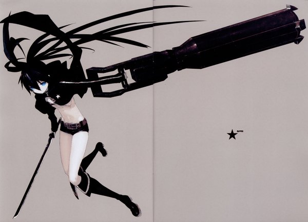 Anime picture 4167x3009 with black rock shooter black rock shooter (character) single long hair highres blue eyes black hair twintails absurdres scar girl weapon sword shorts boots katana star (symbol) bikini top hands
