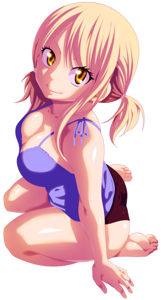Anime picture 1074x2000 with fairy tail lucy heartfilia eroishi single long hair tall image looking at viewer short hair breasts light erotic blonde hair smile twintails yellow eyes barefoot from above bare legs kneeling coloring short twintails