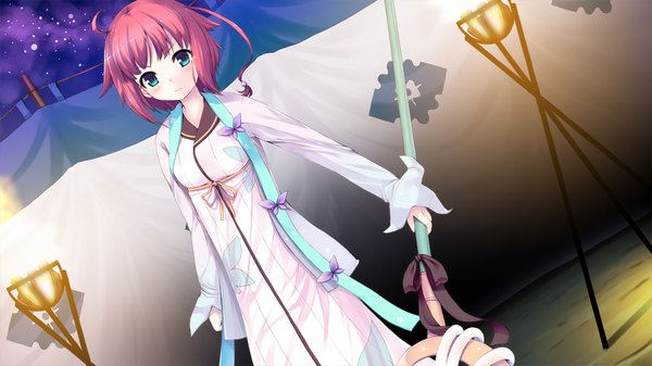 Anime picture 1280x720 with sengoku hime 5 single looking at viewer blush short hair blue eyes wide image game cg red hair girl dress staff fire