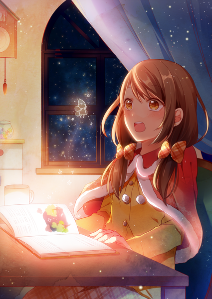 Anime picture 859x1214 with original shina ma umi single long hair tall image blush fringe open mouth brown hair sitting twintails brown eyes indoors low twintails magic fantasy surprised fairy girl bow