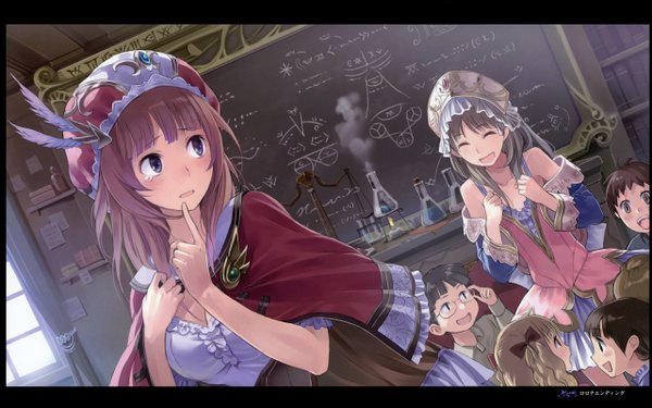Anime picture 2560x1600 with atelier (series) gust (company) totooria helmold rororina fryxell kishida mel long hair blush highres short hair open mouth blue eyes blonde hair smile brown hair wide image bare shoulders multiple girls eyes closed classroom girl