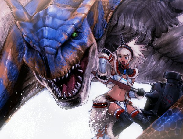 Anime picture 1000x763 with monster hunter kirin (armor) monster hunter (character) tigrex boyaking(sbf) single long hair open mouth simple background white background looking away white hair horn (horns) black eyes girl thighhighs gloves navel weapon black thighhighs