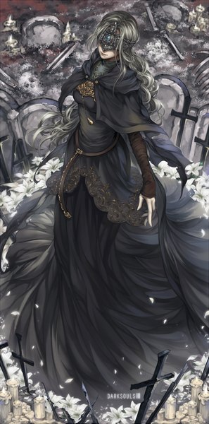 Anime picture 1000x2015 with dark souls (series) dark souls dark souls 3 from software fire keeper dk (pixiv) single long hair tall image breasts smile standing signed silver hair full body long sleeves from above lips copyright name lipstick