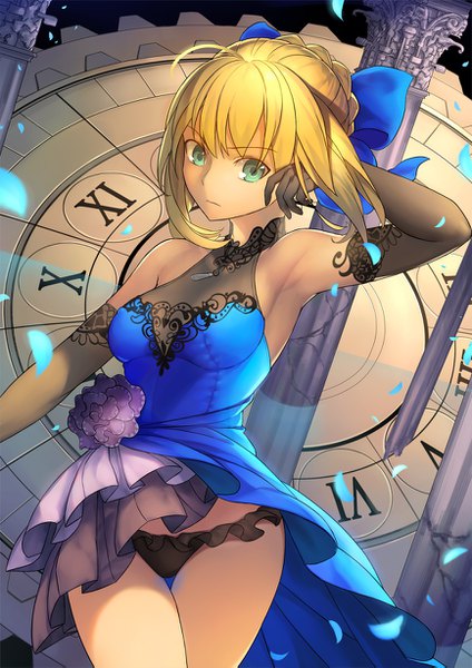 Anime picture 868x1227 with fate (series) fate/stay night fate/extra fate/extella artoria pendragon (all) saber tsuki suigetsu single long hair tall image looking at viewer fringe breasts light erotic hair between eyes bare shoulders green eyes ahoge armpit (armpits) hand on head