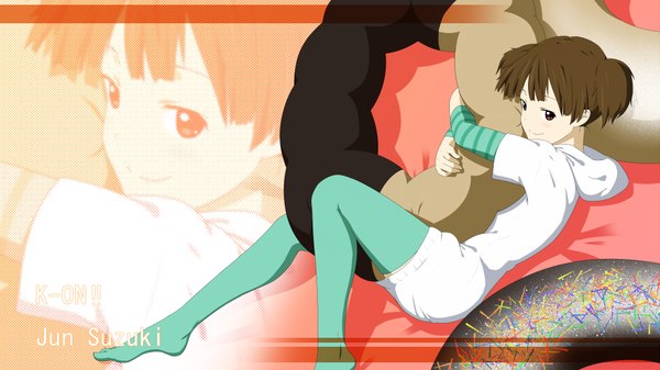 Anime picture 1920x1080 with k-on! kyoto animation suzuki jun niwatazumi single highres short hair red eyes brown hair wide image hug girl thighhighs