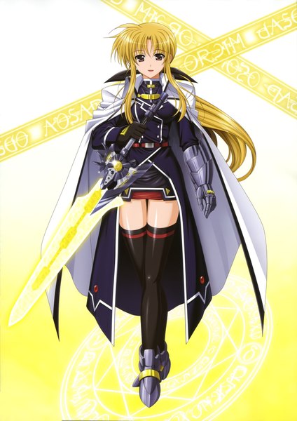 Anime picture 2890x4090 with mahou shoujo lyrical nanoha fate testarossa higa yukari single long hair tall image highres simple background blonde hair red eyes scan magic yellow background girl thighhighs gloves weapon black thighhighs sword suit