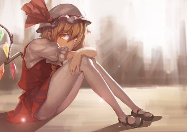 Anime picture 3507x2480 with touhou flandre scarlet layla891228 single looking at viewer highres short hair light erotic blonde hair sitting yellow eyes absurdres girl pantyhose wings bonnet crystal
