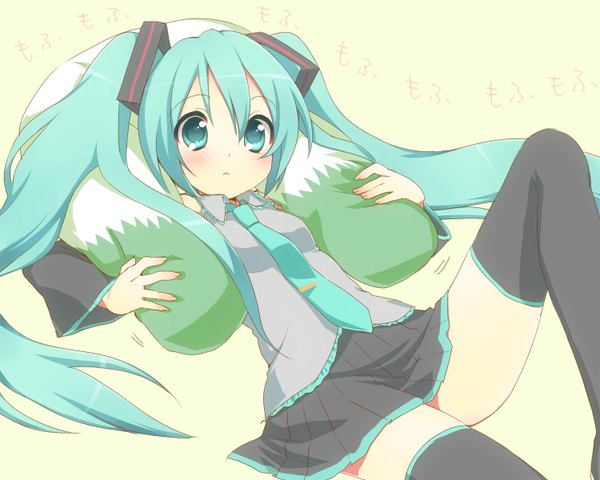 Anime picture 1500x1200 with vocaloid hatsune miku usashiro mani single long hair looking at viewer blush simple background twintails lying aqua eyes aqua hair hieroglyph yellow background girl detached sleeves pillow thigh boots leek
