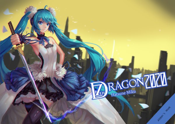 Anime picture 4960x3508 with 7th dragon 7th dragon 2020 vocaloid hatsune miku atdan single highres blue eyes smile twintails bare shoulders signed absurdres ahoge very long hair inscription character names city cityscape girl