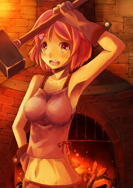 Anime picture 1158x1637 with sword art online a-1 pictures lisbeth bright (long-ago) single tall image blush short hair open mouth red eyes bare shoulders pink hair bare belly armpit (armpits) hand on hip girl gloves hair ornament weapon hairclip