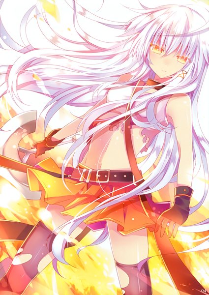 Anime picture 2481x3500 with mishima kurone single long hair tall image highres white hair midriff orange eyes girl thighhighs gloves weapon black thighhighs miniskirt fire