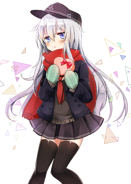 Anime picture 1000x1407 with kantai collection hibiki destroyer motohara moka single long hair tall image looking at viewer blush blue eyes simple background hair between eyes white background holding silver hair parted lips :o zettai ryouiki valentine girl thighhighs
