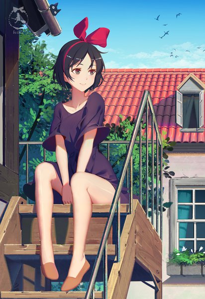 Anime picture 724x1053 with kiki's delivery service studio ghibli kiki soulkiller (brz) single tall image short hair black hair smile sitting looking away sky cloud (clouds) outdoors black eyes short sleeves character names watermark between legs girl