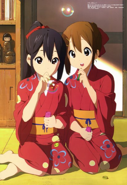 Anime picture 4084x5937 with k-on! kyoto animation megami magazine hirasawa yui nakano azusa tall image highres black hair brown hair multiple girls brown eyes absurdres ponytail japanese clothes official art girl 2 girls bubble (bubbles)