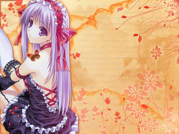 Anime picture 1024x768 with original suzuhira hiro muneera single long hair looking at viewer purple eyes bare shoulders purple hair looking back maid bare back third-party edit girl thighhighs detached sleeves earrings white thighhighs hairband insect