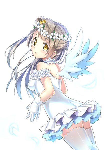 Anime picture 3507x4960 with love live! school idol project sunrise (studio) love live! minami kotori shitou (1992116210) single long hair tall image highres white background yellow eyes absurdres grey hair one side up girl thighhighs dress gloves flower (flowers) white thighhighs