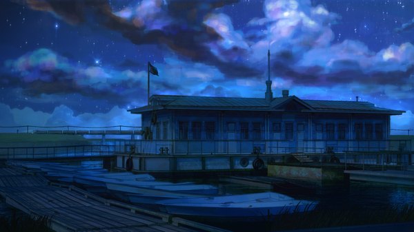 Anime picture 1920x1080 with everlasting summer iichan eroge arsenixc vvcephei highres wide image game cg sky cloud (clouds) night wallpaper no people scenic collaboration building (buildings) star (stars) watercraft train boat port