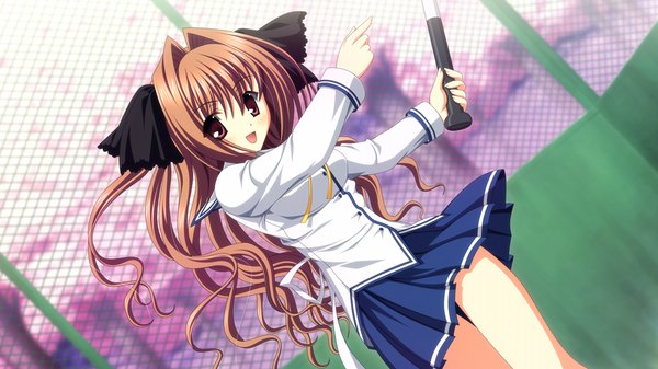 Anime picture 1024x576 with uni. special limited edition (game) long hair red eyes brown hair wide image game cg baseball girl serafuku