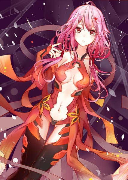 Anime picture 850x1198 with guilty crown production i.g yuzuriha inori akira (ying) single long hair tall image looking at viewer blush fringe breasts light erotic red eyes twintails pink hair ahoge alternate costume floating hair lens flare low twintails