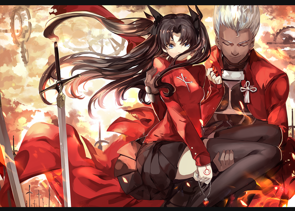 Anime picture 1800x1287 with fate (series) fate/stay night type-moon toosaka rin archer (fate) saberiii single long hair looking at viewer highres short hair blue eyes black hair white hair eyes closed girl thighhighs boy skirt bow