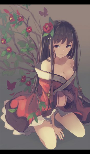 Anime picture 529x900 with original nakaichi (ridil) single long hair tall image breasts light erotic black hair large breasts bare shoulders looking away cleavage nail polish traditional clothes japanese clothes hair flower fingernails eyeshadow between legs girl