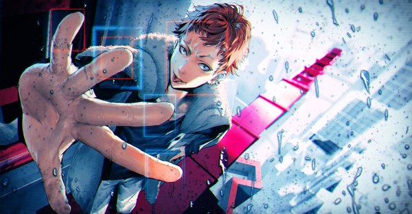 Anime picture 1300x676 with original sumiobunnya single short hair wide image sky from above orange hair open clothes open jacket piercing close-up boy earrings jacket tongue building (buildings) water drop hand skyscraper
