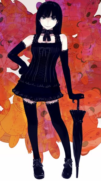 Anime picture 1254x2250 with original nimirom single long hair tall image looking at viewer black hair smile full body black eyes hand on hip goth-loli closed umbrella girl thighhighs dress gloves black thighhighs elbow gloves umbrella
