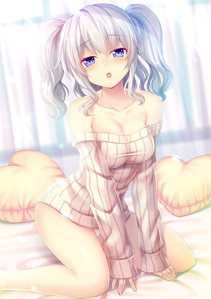 Anime picture 564x800 with kantai collection kashima training cruiser izumi akane single long hair tall image looking at viewer blush open mouth blue eyes light erotic twintails bare shoulders white hair pantyshot girl underwear panties pillow turtleneck