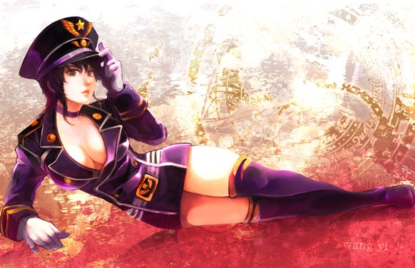 Anime picture 2000x1296 with shin sangoku musou wang yi makoto1009 single highres short hair breasts light erotic black hair brown eyes cleavage lips military girl gloves uniform hat thigh boots military uniform peaked cap